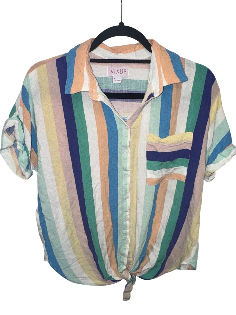 Vixbe Multicolor Vertical Stripe Tie-Front Button Down Shirt